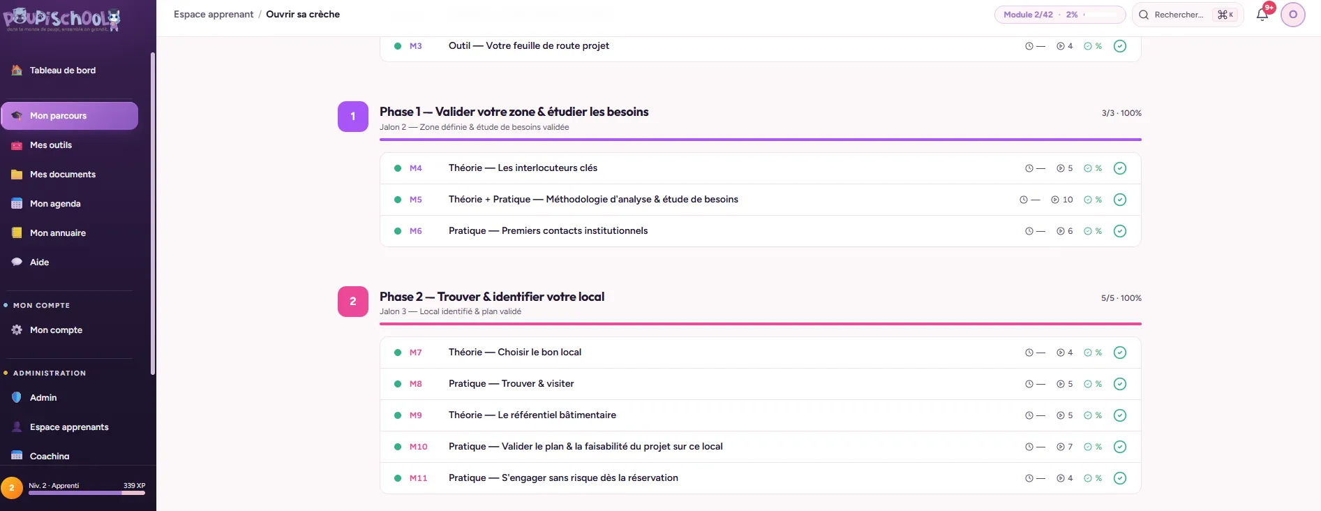 Le parcours en phases et jalons dans l’espace apprenant PoupiSchool